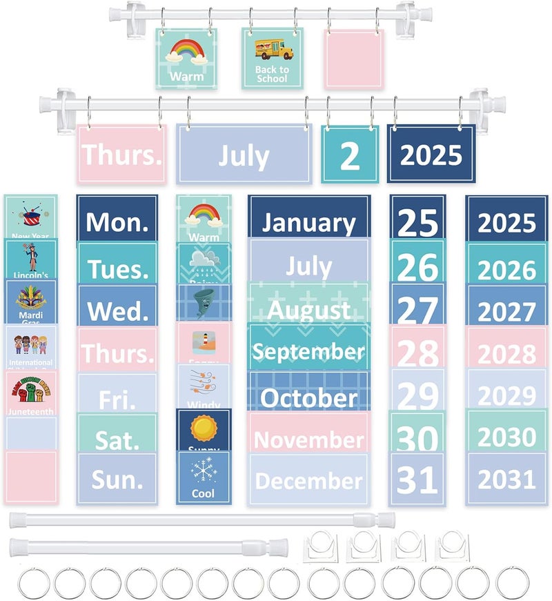 EggSun 96 Cards Classroom Bulletin Board Decorations Set for Teachers,Flip Calendar with Holder for Classroom,Adjustable Calendar,Preschool Elementary Home Decor Supplies（Blue and Green） - Image 1